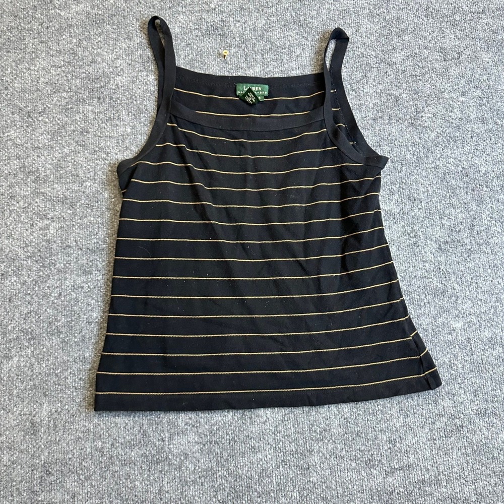 Lauren Ralph Lauren Tank Top Womens Size S Black Gold Striped Cotton Square Neck